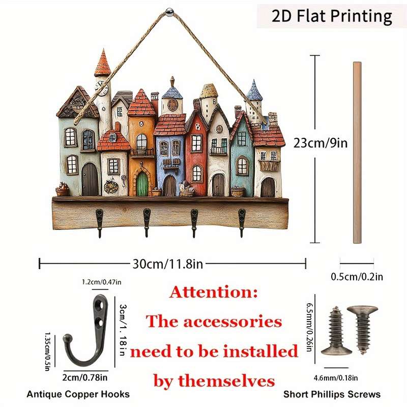 2D Flat Wooden TownhouseHome Wooden Key Holder 29.97 cm x 22.86 cm with Four Metal HooksMultif