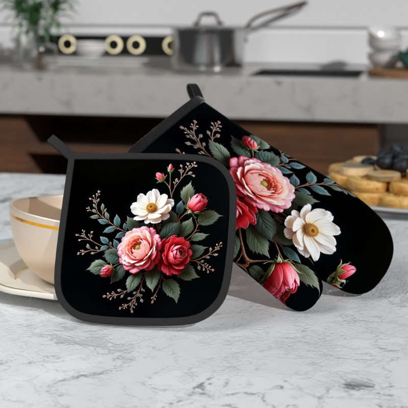 2pcs Floral Heat-Resistant Oven Mitts Potholders Spring Flowers Leaves Design 26.92x17.0
