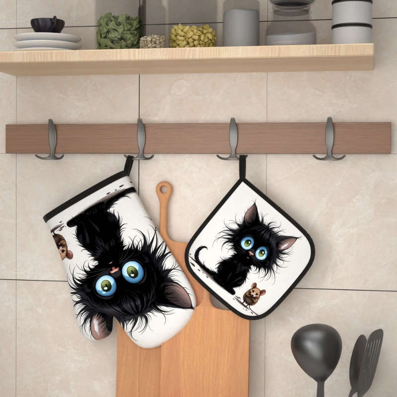 2pcs Heat-Resistant Oven Mitts Potholders Cute Black Kitten Brown Mouse Design 26.92x17.