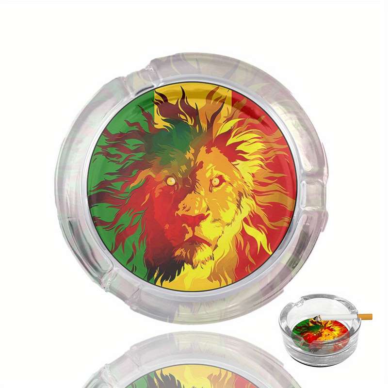1pc Lion King Glass Ashtray with Non-Slip Base Vibrant Red Yellow Green Design Crystal Clear Rou