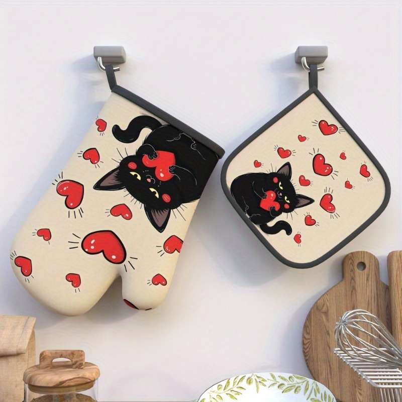 2pcs 26.92x17.02 cm Heat Resistant Oven Mitts And Potholders Fun Creative Picture Cat Holding R