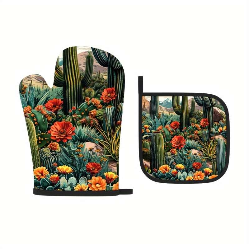 2pcs Vibrant Cactus and Floral Heat-Resistant Oven Mitts 26.92x17.02 cm Polyester Machine W