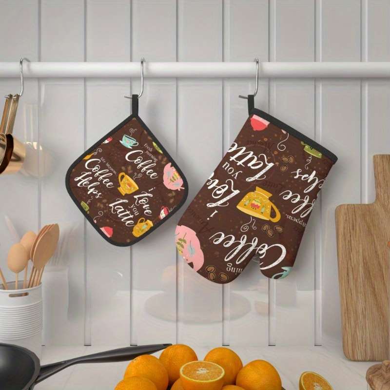 2pcs Vintage Coffee Pastry Design Oven Mitts and Pot Holders 26.92x17.02 cm Heat Resistant