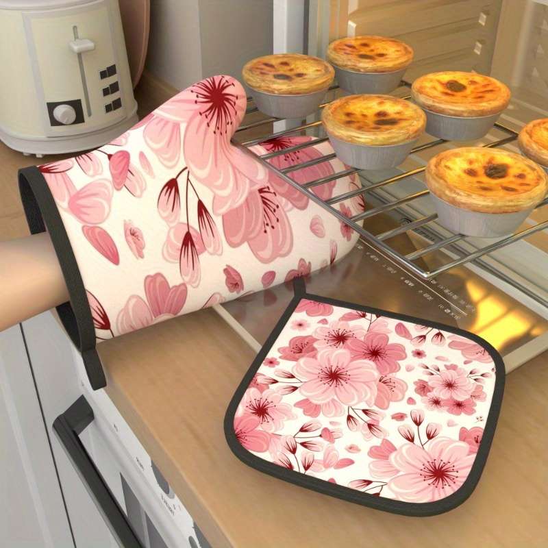 2pcs Pink Cherry Blossom Oven Mitts Pot Holders (26.92x17.02cm) Heat Resistant Polyester