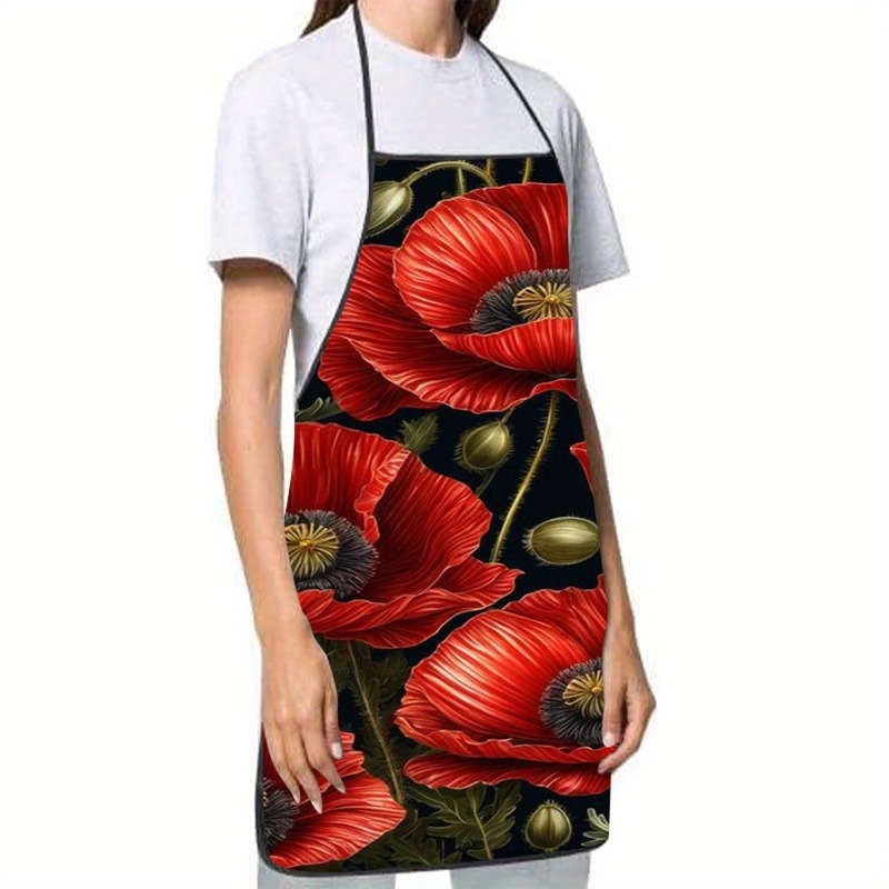 1pc Mother's Day Red Poppies Print Sleeveless Polyester Apron Vibrant Floral Design with Gree