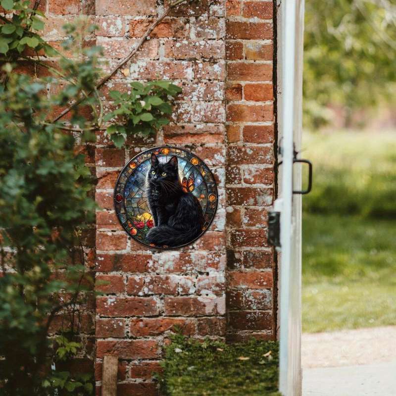 1pc 2D Flat   1 mysterious black cat theme  sun catcher acrylic round wreath logo retro