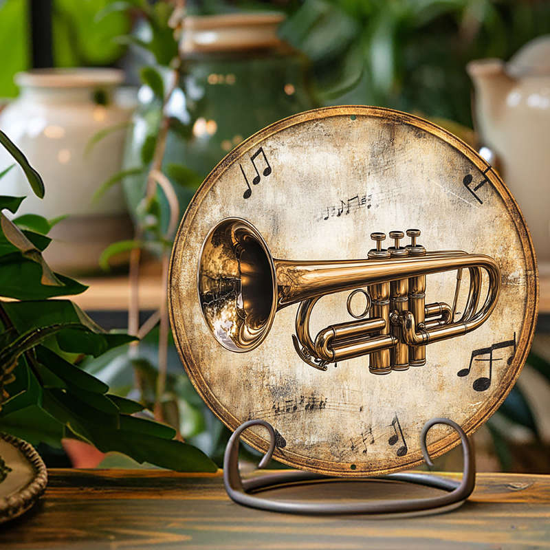 1pc  Trumpet Art Decoration 20.32x20.32 cm Round Aluminum Wall Art with Musical Notes Trumpe