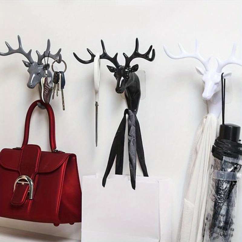 Deer Antler Wall Hook  Black Plastic  Easy-to-Install No-Drill Key Holder  Stylish  Fu
