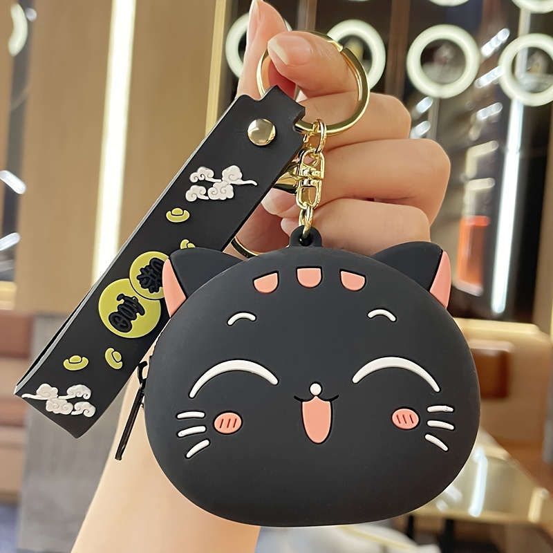 1pc Cute Black Cat Silicone Coin Purse with Keychain C Lightweight Zippered Pouch for Coins Ke