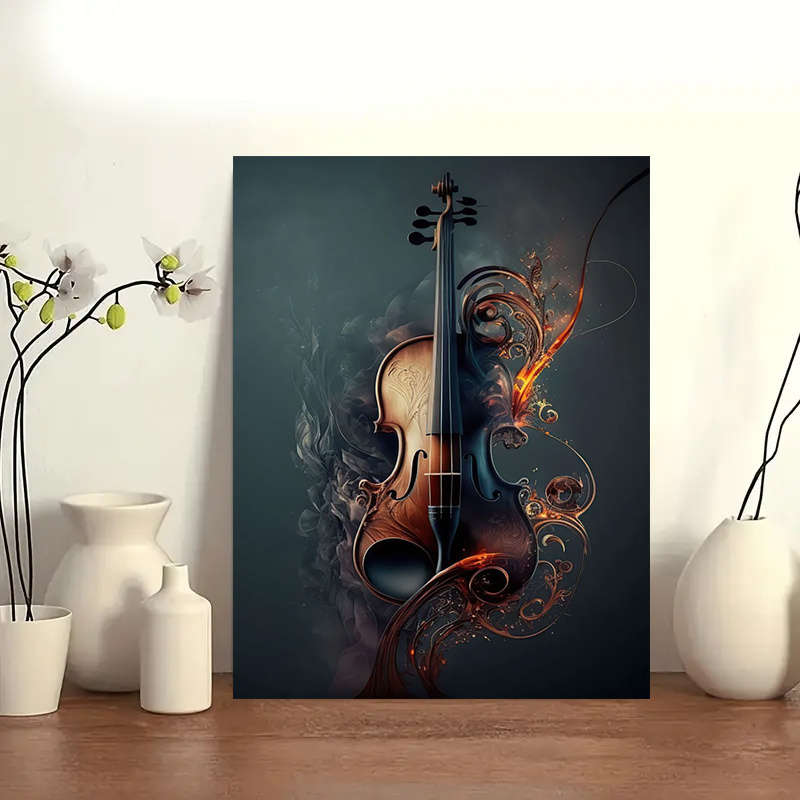 1pc  Large 79.98x119.99cm Frameless Canvas Art Elegant Violin Design with Fiery Swirls Modern