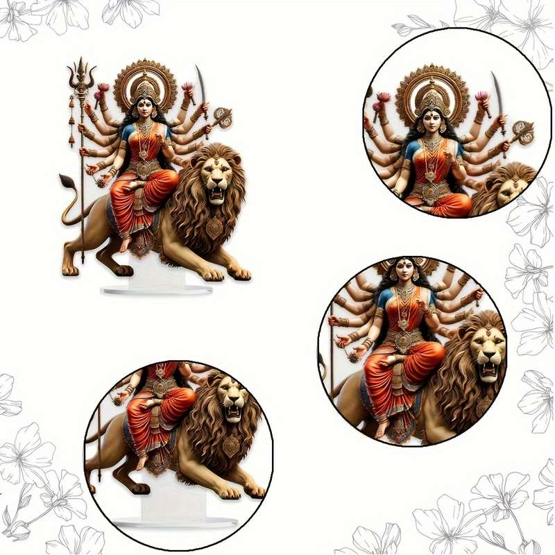 1pc 2D Flat   of Lion Acrylic Statue Durga a Vibrant Multi-Armed Hindu Goddess Symbolizing