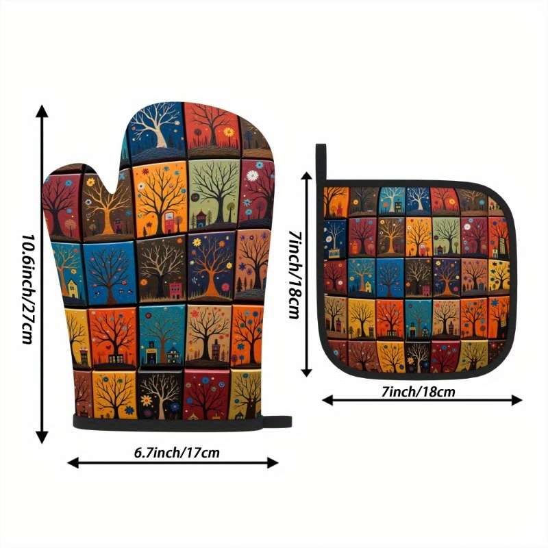 2pcs Colorful Tree Art Heat Resistant Oven Mitts and Pot Holders 26.92x17.02 cm Vibrant Patc