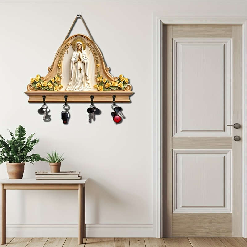 A Simple And Colorful Wooden Key Holder Featuring a Religious Prayer Equipped with Four Metal Hooks