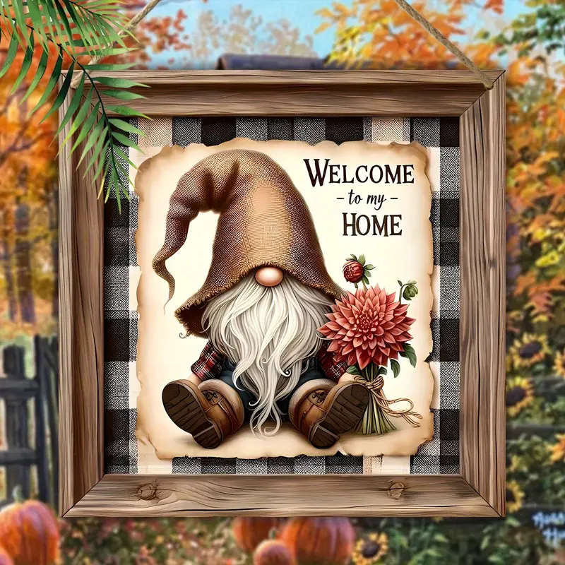 1pc Charming Gnome Welcome Sign with Floral Accents Rustic Wooden Wall Decor for Home Garden Bar or