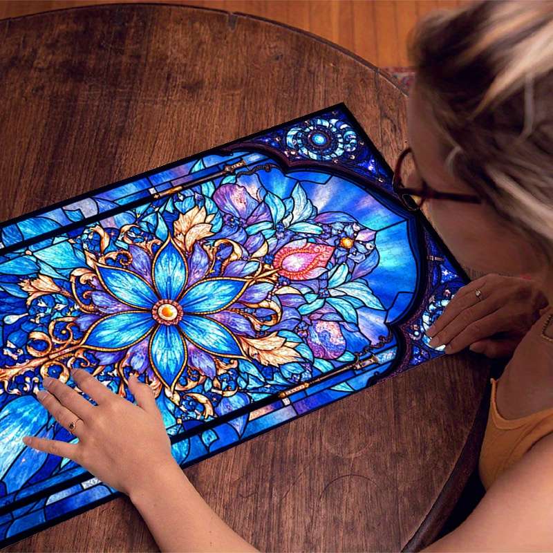 1000pcs Jigsaw Puzzle Vibrant Blue Floral Stained Glass Door Design 20.32x10.16 cm