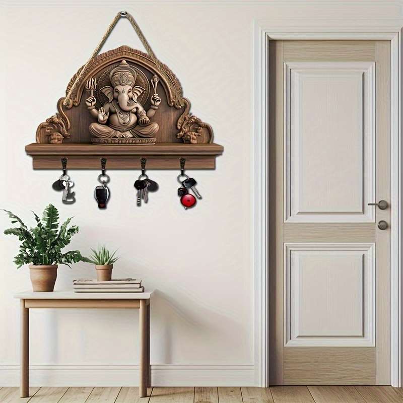 2D Flat One Piece Ganisa Minimalist Style Colorful Wooden Key Holder with Four Metal Hooks(30.0cm