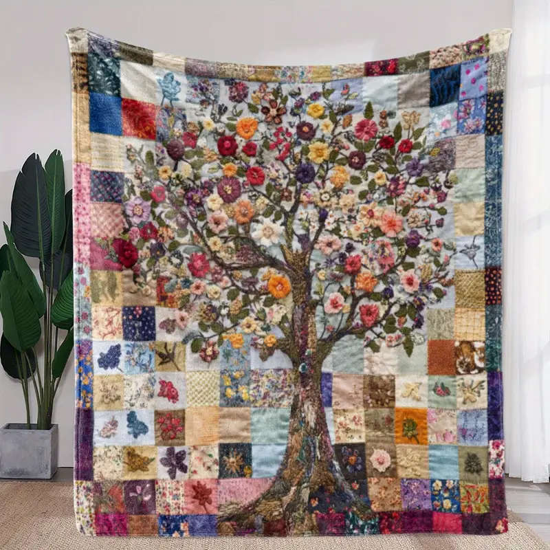 1pc Colorful Floral Tree Patchwork Flannel Quilt 130*150cm