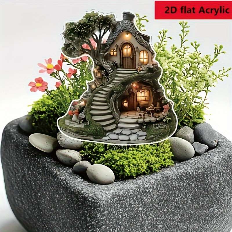 1pc 2D Flat  Glimm-Style Crystal Fairy Tree House Garden Plate Enchanting Lawn Ornament with Ston