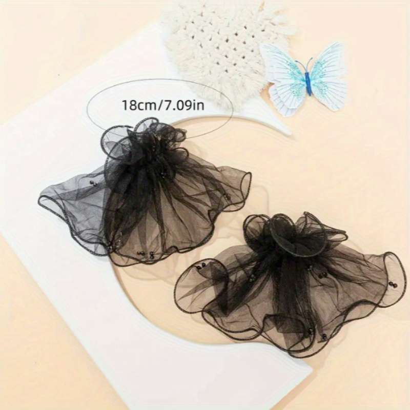 1 Pair Black Beaded Lace Cuff Gloves