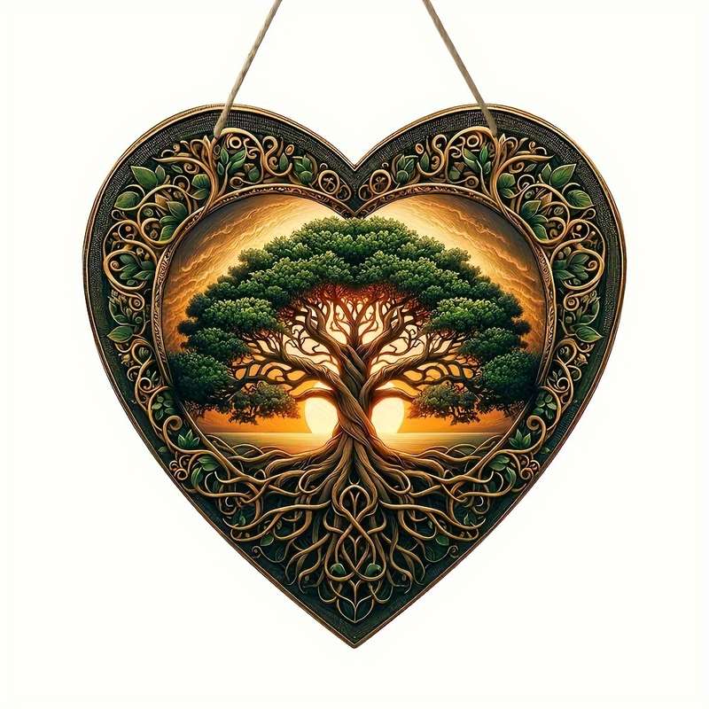1pc 2D Flat  Acrylic Tree of Life Wooden Hanging Sign-Heart-Shaped Garland Door