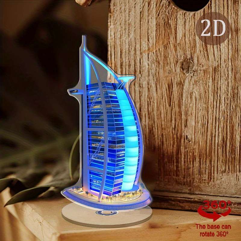 1pc 2D Flat    Acrylic Burj Al Arab Figurine with Rotating Base Modern Home Office Desktop