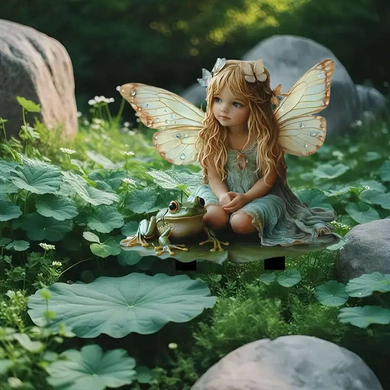 1pc Whimsical Bohemian Elf and Frog Garden Stake 2D Outdoor Decor with Blonde Fairy and Whimsical Fr