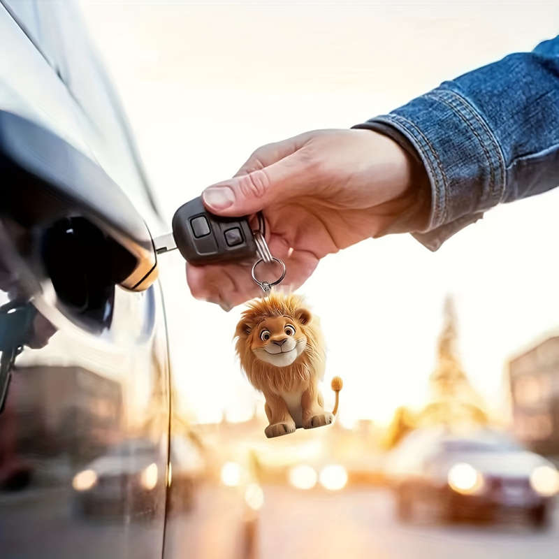 1pc 2D Flat    Acrylic Flat Lion Car Hanging Ornament Cool Rearview Mirror Decor Keychain
