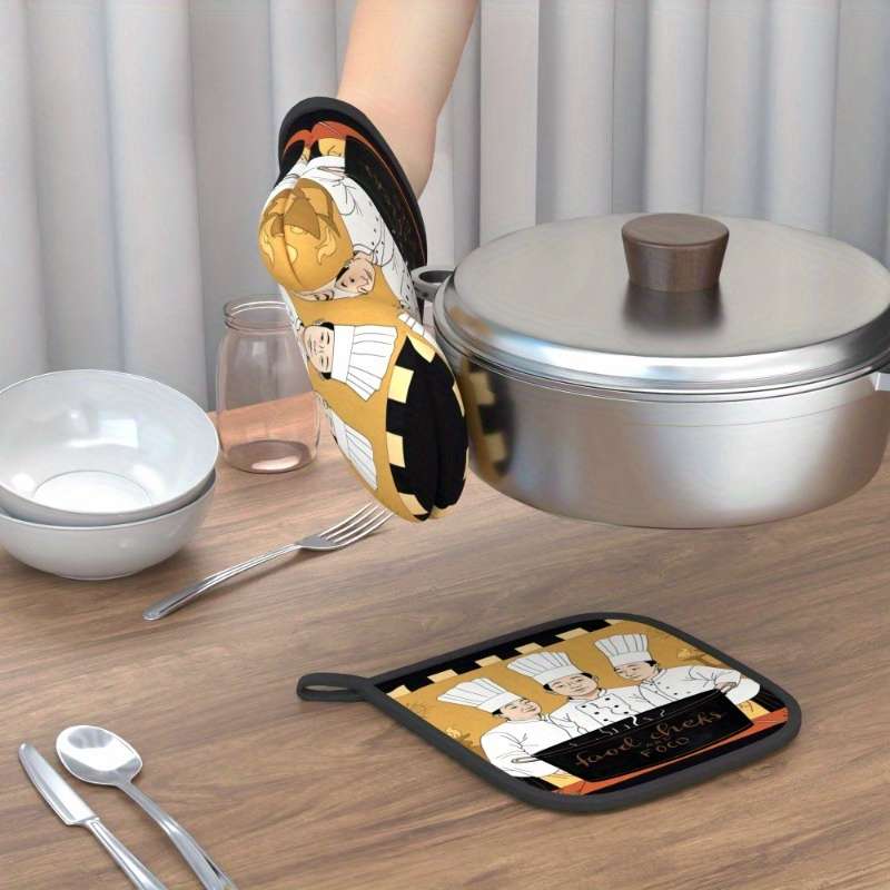 2pcs Chef-Themed Oven Mitts Pot Holders Heat-Resistant Durable Polyester Machine Washable