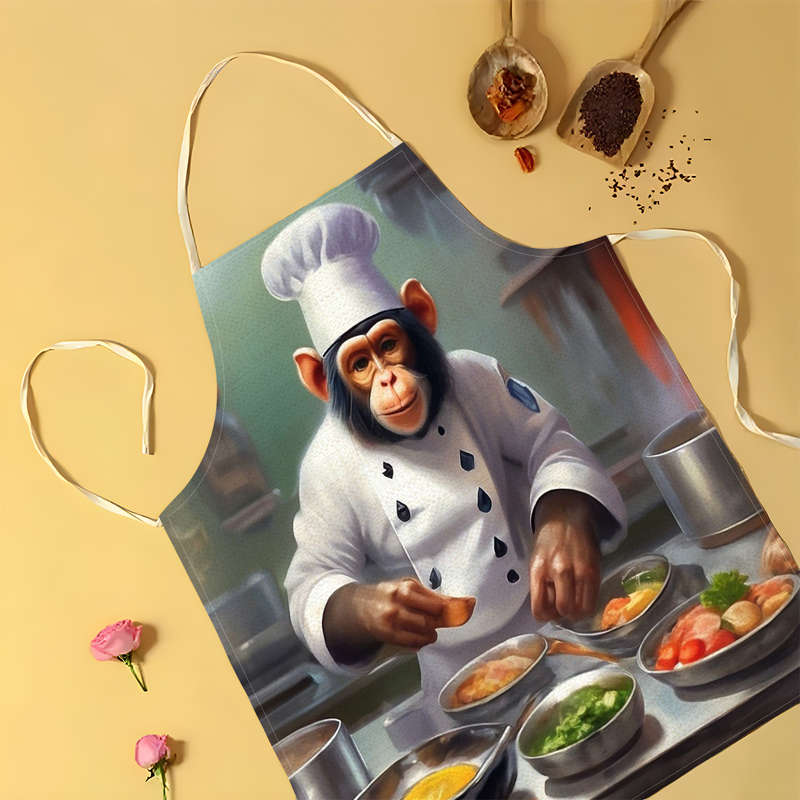 1pc Creative Monkey Chef Pattern Apron Adjustable Straps Durable Polyester Kitchen Cooking Bi