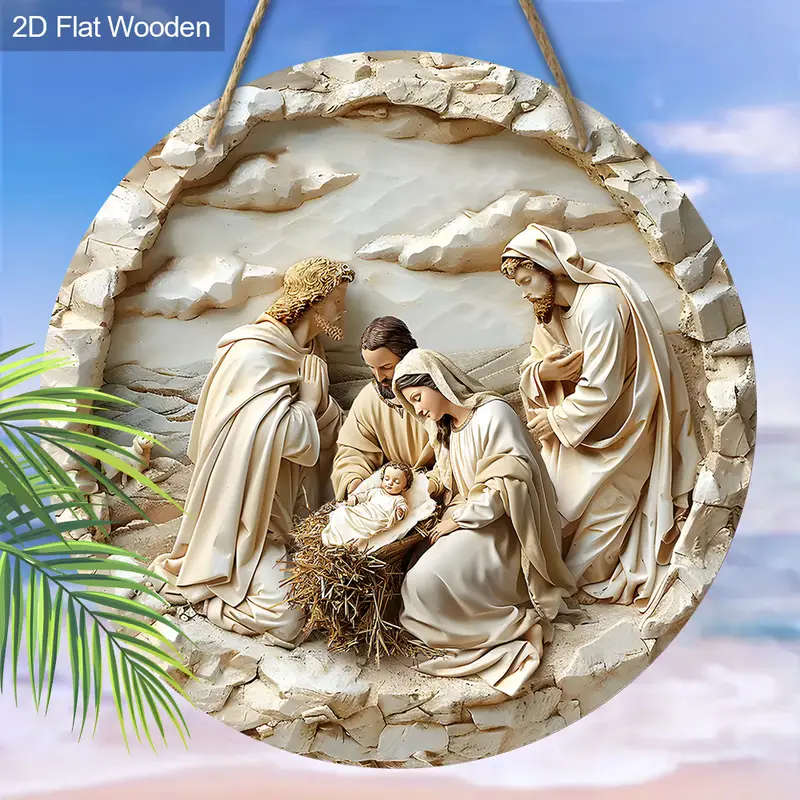 1pc Versatile Wooden Nativity Scene Pendant Contemporary Style Wall or Door Hanging Decor for Home O