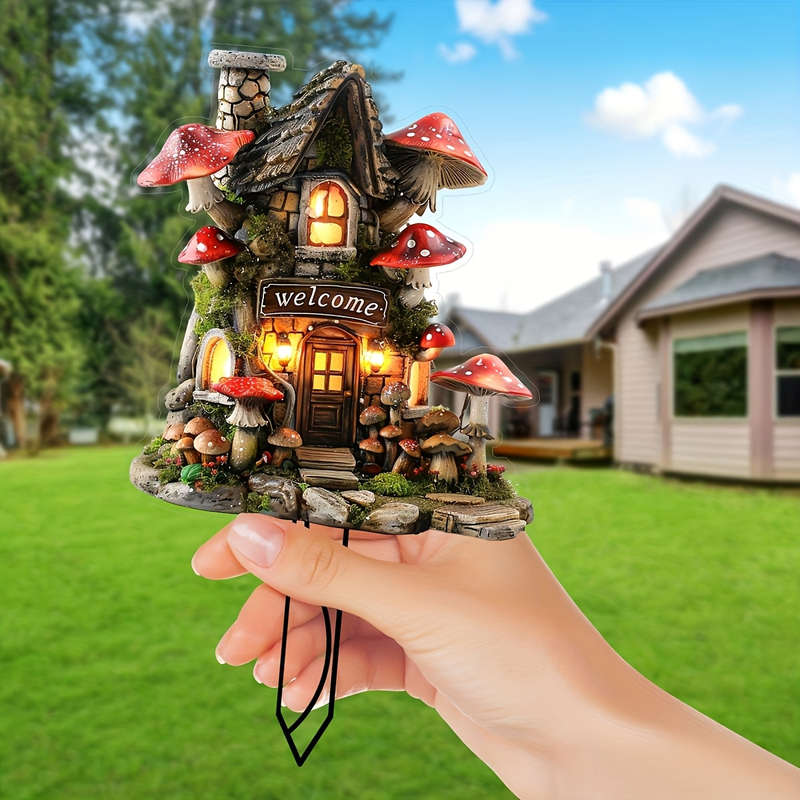 1pc 2D Flat    Acrylic Mushroom House Garden Insert Card Vibrant Red White Mushroom D