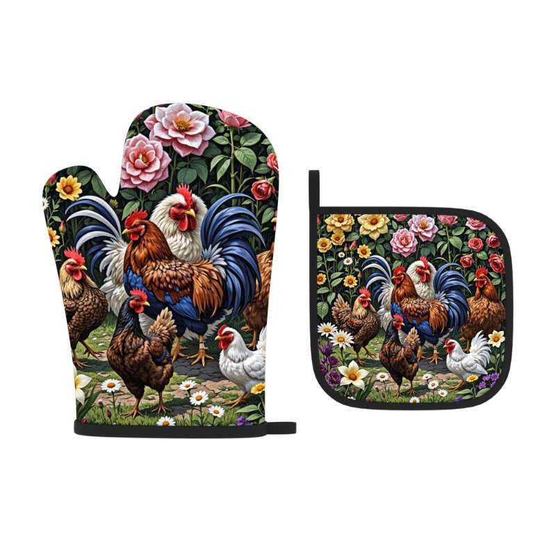 2pcs 26.92x17.02 cm Oven Mitts And Potholders There are two roosters and three hens in the gard