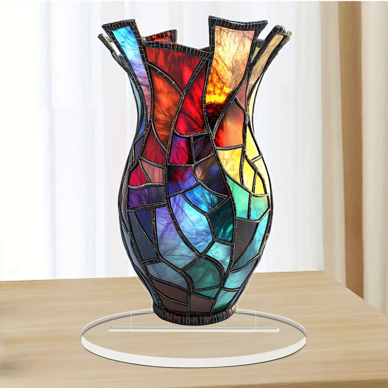 1pc 2D Flat  Colorful Stained Glass Acrylic Vase 11.18cm x 18.03cm Mosaic Design Dark Base with
