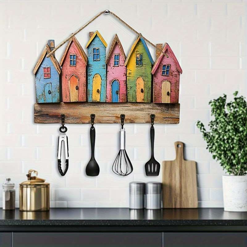 2D Flat 1 Charming Country Scene Key HangerColorful Wooden Wall Hanger with 4 Metal Hooks Perfe