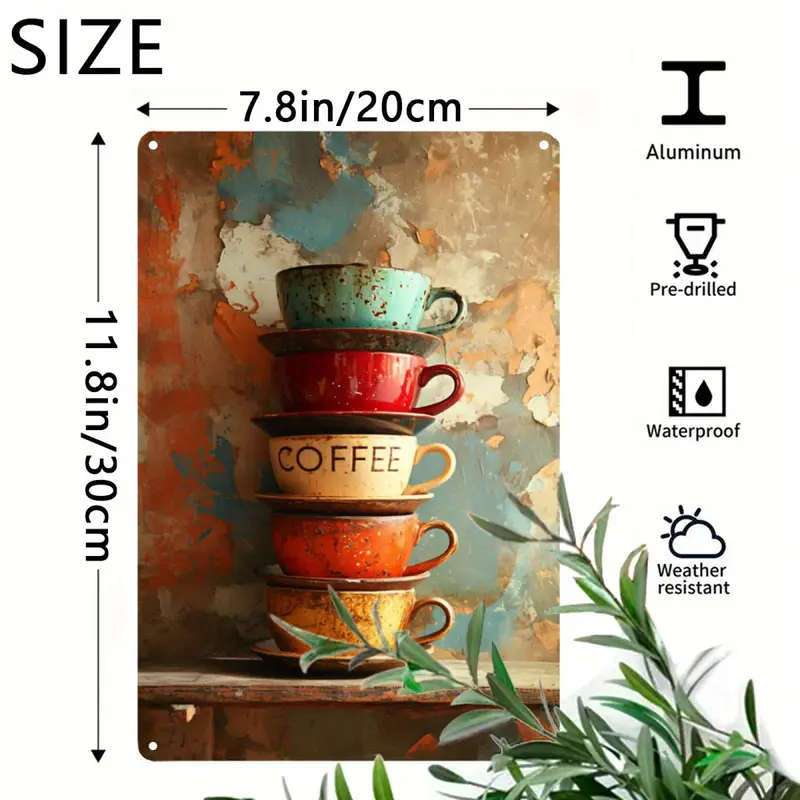 1pc Vintage Style Stacked Coffee Cups Foil Engraving Aluminum Sign Decorative Wall Art for Home Farm
