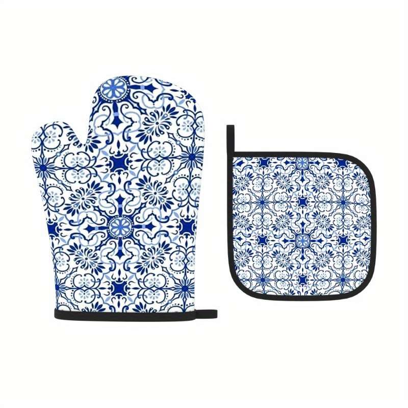 2pcs Blue White Porcelain Pattern Oven Mitts Heat Resistant Decorative Kitchen Gloves for