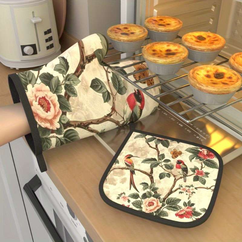 2pcs Floral Oven Mitts and Pot Holders Set Heat Resistant Machine Washable Polyester Ideal