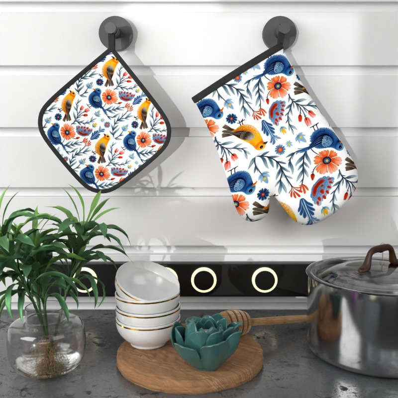 2pcs Floral Bird Design Heat-Resistant Oven Mitts 26.92x17.02 cm Colorful Polyester Kitche