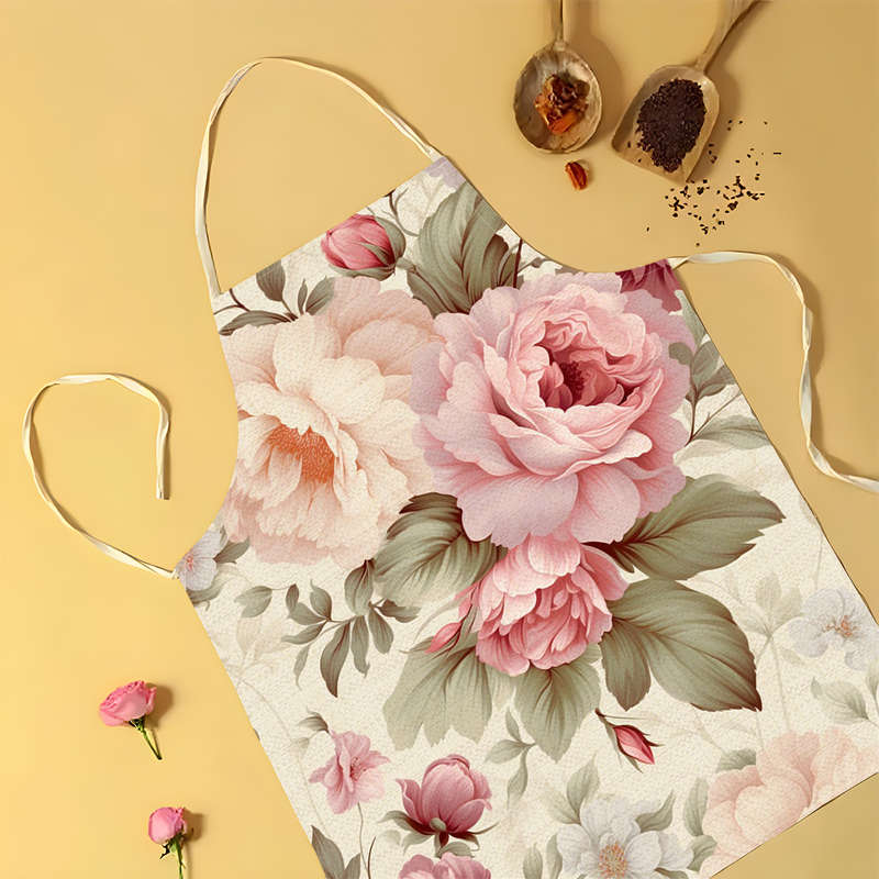 1pc Elegant Floral Linen Apron Peony Blossom Print Lightweight Durable for Cooking Baki