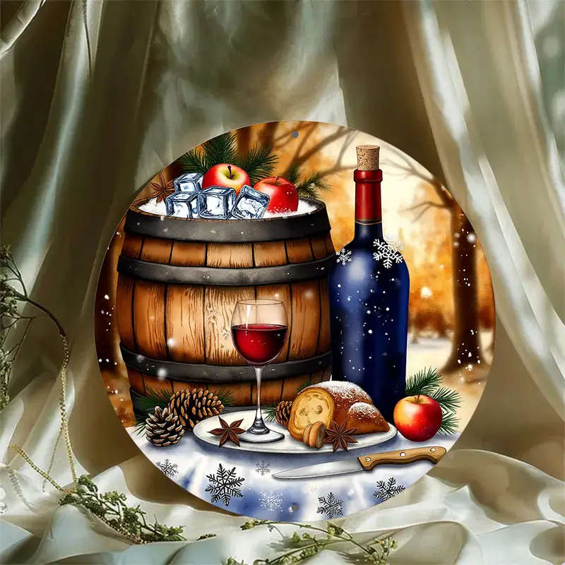 1pc Painting of a Bottle of Wine And a Glass of Wine on Wreath Sign 8-Inch Round Aluminum Sign Perfe