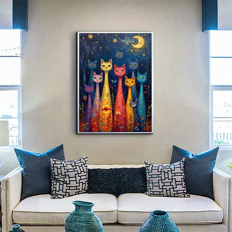 1000pcs Moonlit Cat Jigsaw Puzzle Whimsical Starry Night Scene with Colorful Cats