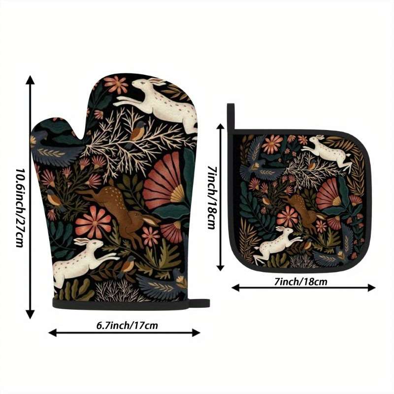 2pcs 26.92x17.02 cm Oven Mitts Pot Holders Rabbit twig flower Heat Resistant Oven Mitts And Pot
