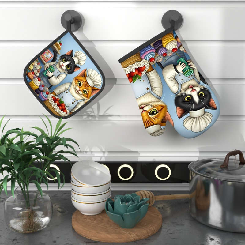 2pcs Cute Cat Chef Oven Mitts Heat Resistant 10.6x6.7 Inch Polyester Kitchen Gloves for Cook