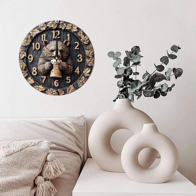 1pc Rustic Wooden Bear with Beer Wall Clock Silent Movement Round Farmhouse Decor Battery Op