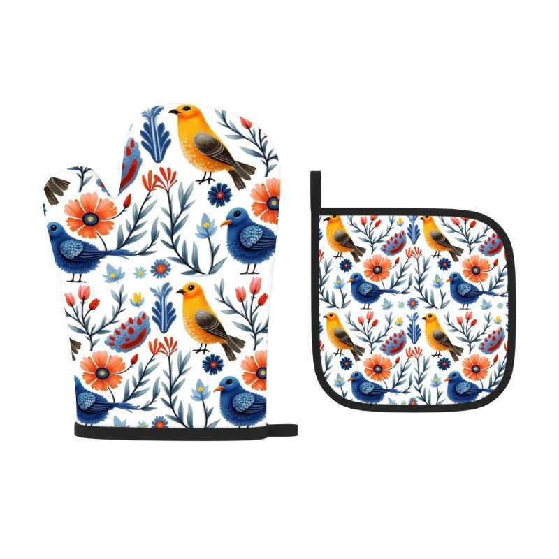 2pcs Floral Bird Design Heat-Resistant Oven Mitts 26.92x17.02 cm Colorful Polyester Kitche