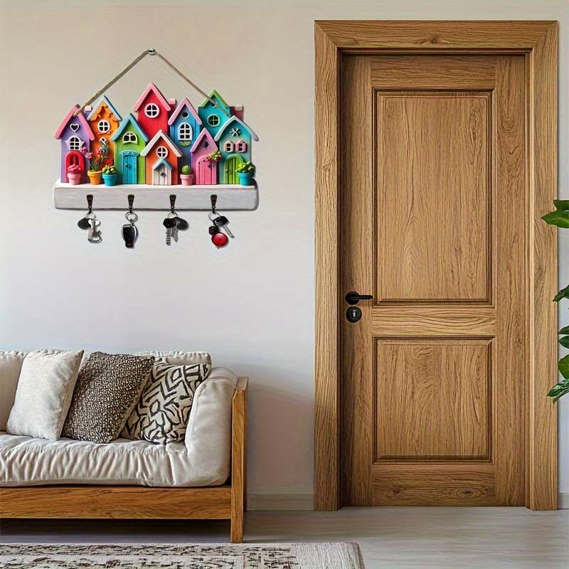 An enchanting piece a simple colorful wooden and household key holder with four metal hooks 30.0cm