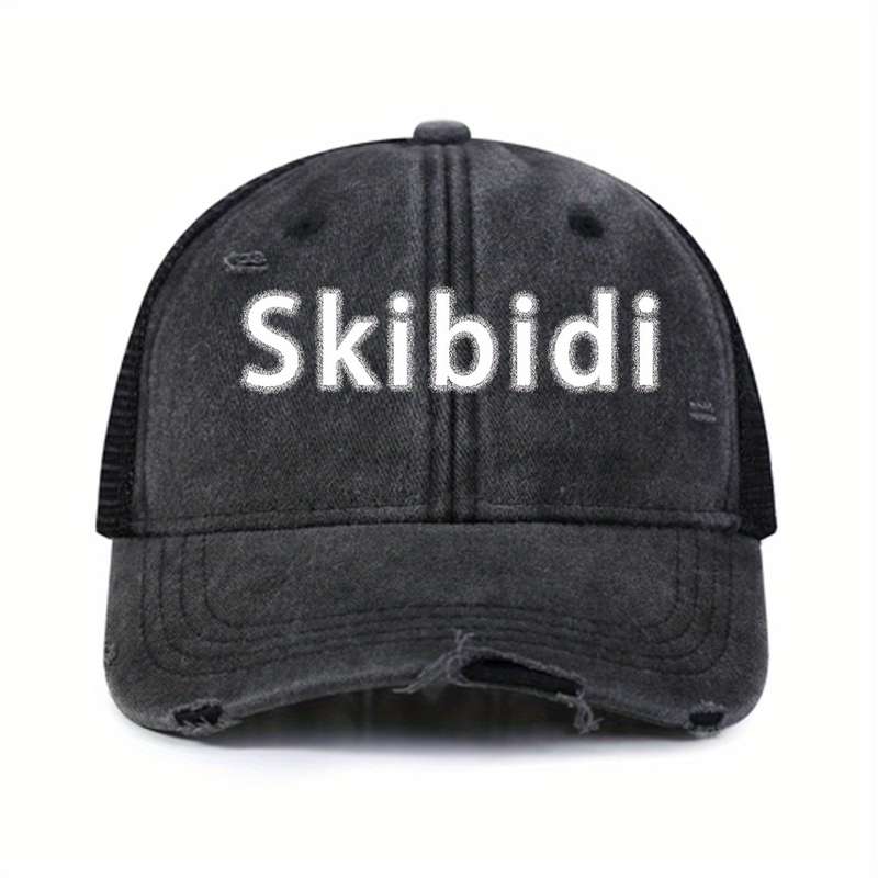 1pc Skibidi Printed Baseball Cap Solid Color Washed Distressed Mesh Trucker Hat Breathable Adjustab