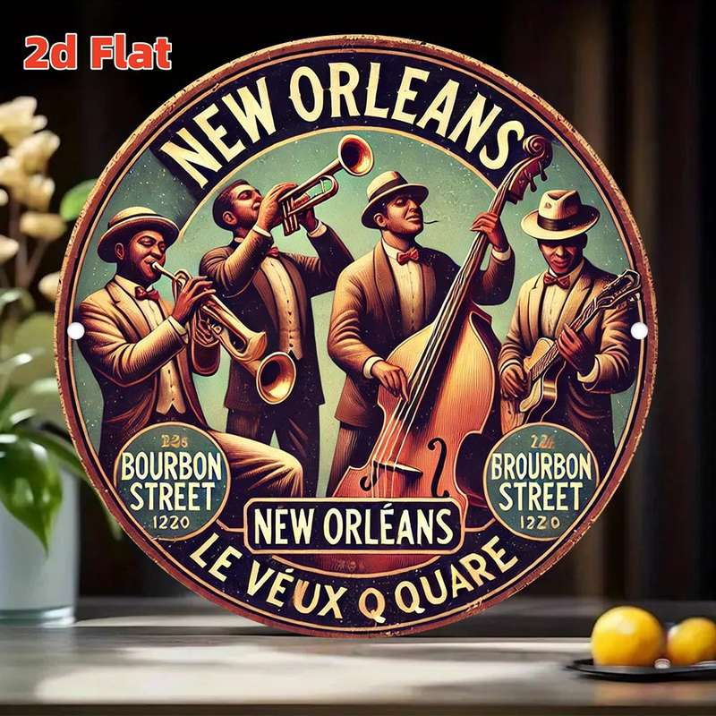 1pc 2D Flat Vintage New Orleans Jazz Band 2D Aluminum Wall Art Rustic Round Decorative Plaque w