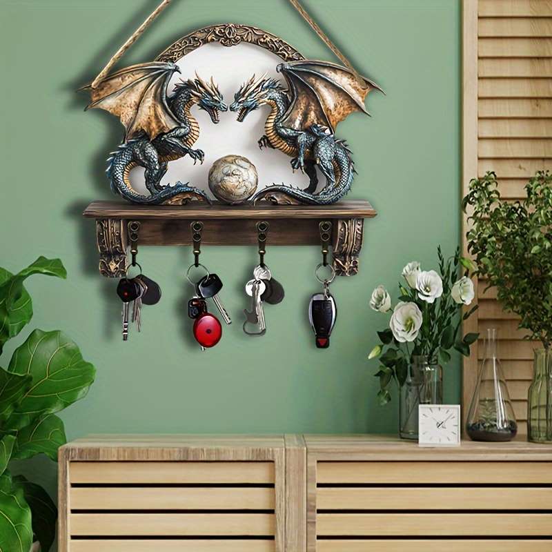 A Piece of Creative Double Dragon Treasure Protection a Minimalist Colorful Wooden Key Holder with
