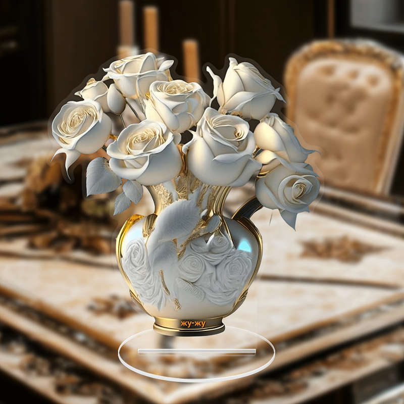 1pc 2D Flat  A  Acrylic White Rose Tabletop Decoration Measuring 18.01 cm by 16.69 cm a Versa